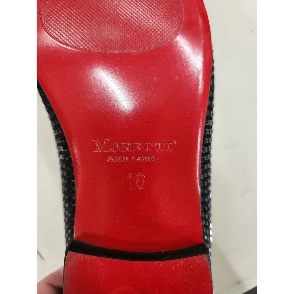 Moretti Gold Label Mens Black Gold Rhinestone Loafers Red Bottom Dress Shoes 10